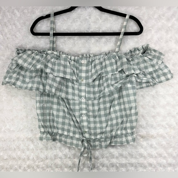 LC Lauren Conrad Tops - LC Lauren Conrad Women’s Button Front Off the Shoulder Green Ruffled Crop Blouse